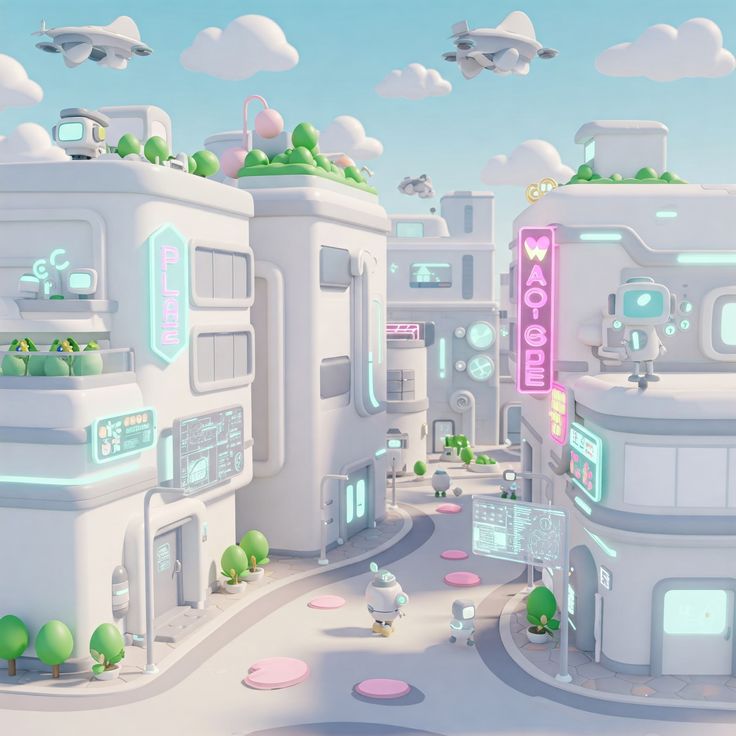Pastel futuristic city street with rounded buildings, neon signs, and flying vehicles overhead