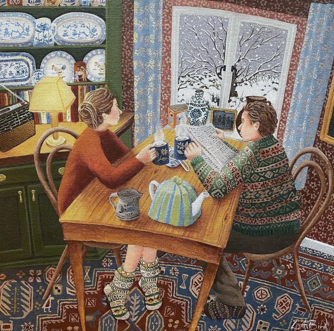 Illustrated cozy room with two people reading at a table beside a snowy window
