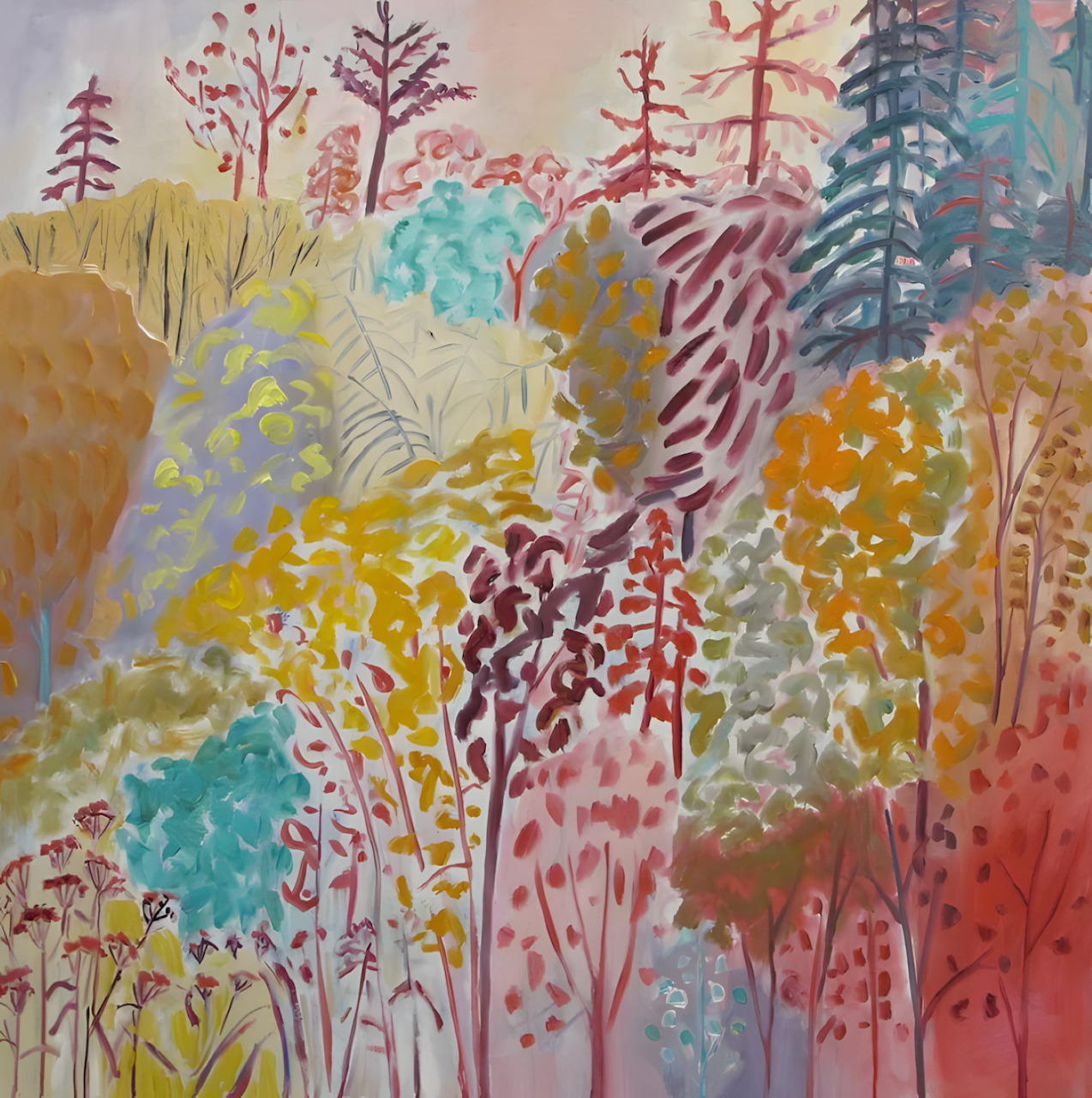Pastel painting of autumn shrubs, trees, and wildflowers on a softly colored hillside