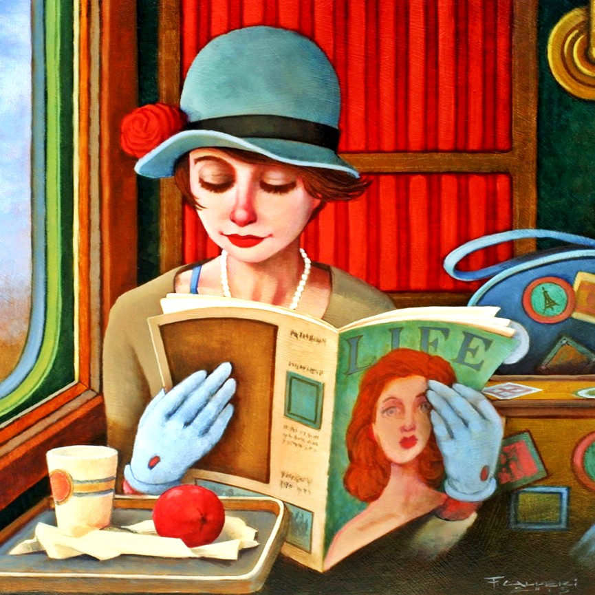 Illustrated woman in a hat and gloves reading a magazine on a train