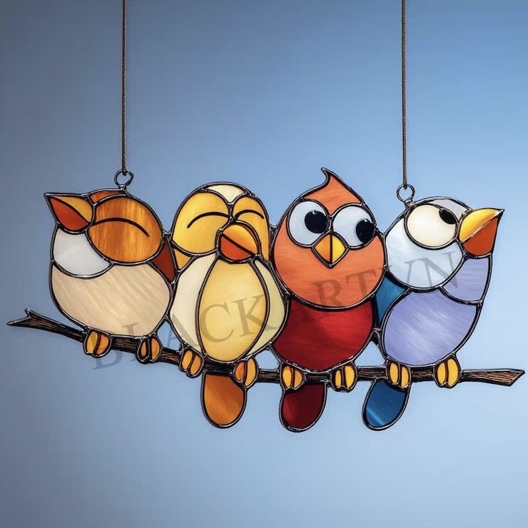Four stylized cartoon birds sitting side by side on a branch with a blue background