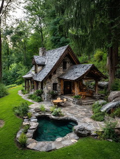 Stone cottage with pond in green garden