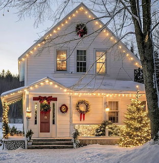 White two-story farmhouse adorned with Christmas lights and wreaths at dusk in snow