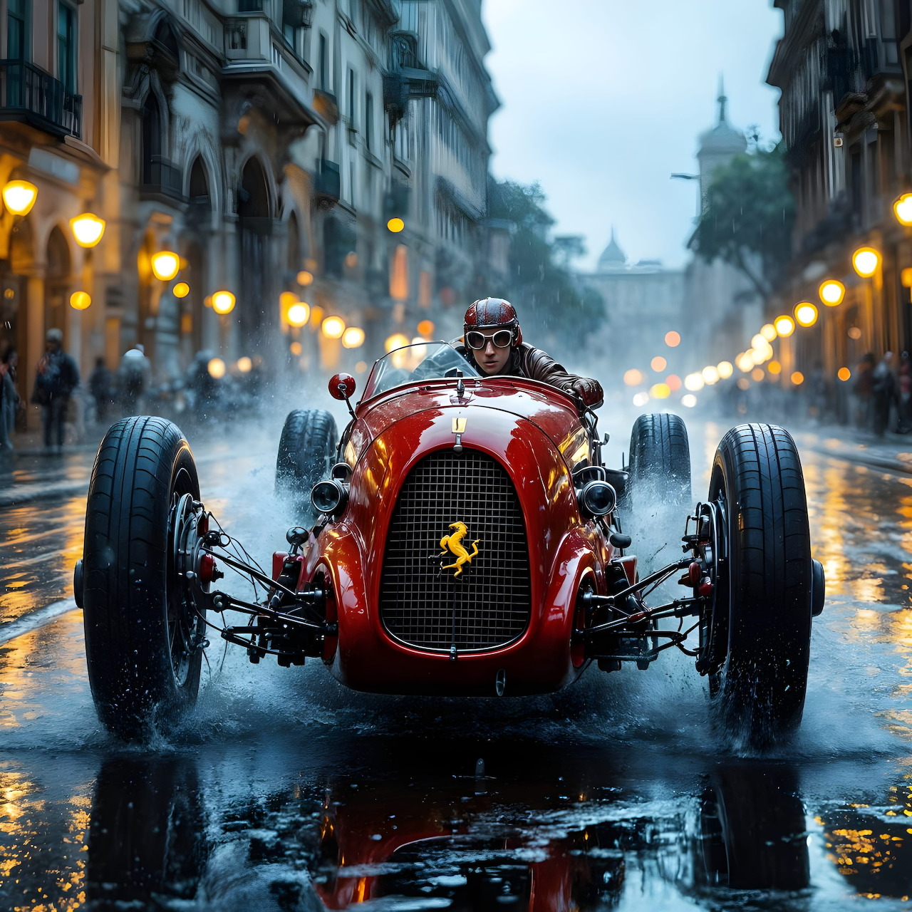 Classic red Ferrari racer on rain-soaked street with illuminated lamps