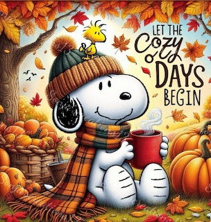 Snoopy in autumn attire holding a mug with Woodstock, pumpkins, and fall leaves around them