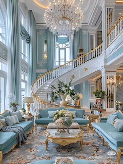 Luxurious pastel blue mansion interior with curved staircase, crystal chandeliers, and elegant furniture