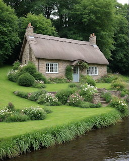 Thatched cottage with stone walls beside a stream, surrounded by green lawn and garden beds
