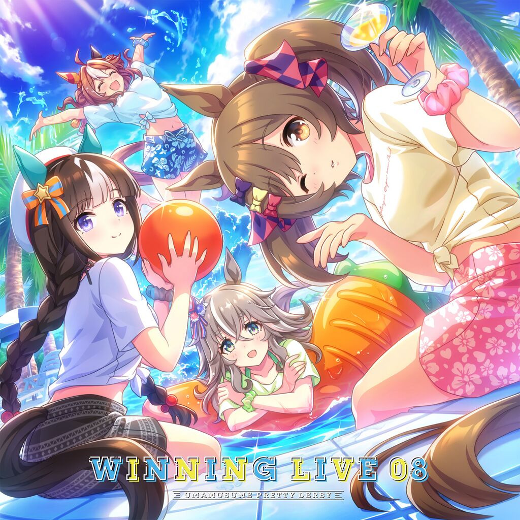 Colorful anime illustration of girls playing in a pool with water splashes and floats