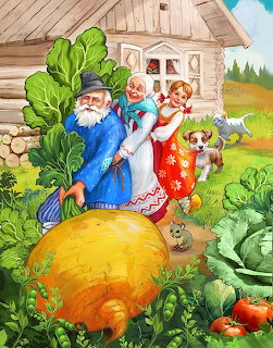 Storybook illustration of a family pulling a giant turnip near a cottage with a dog, cat, and garden plants