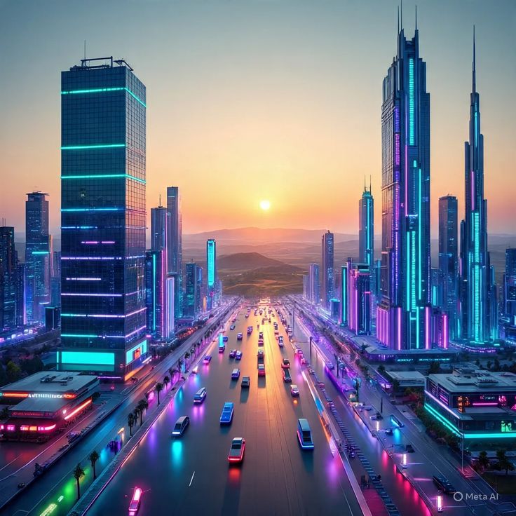 Futuristic neon cityscape with tall skyscrapers, flying vehicles, and glowing highways at sunset