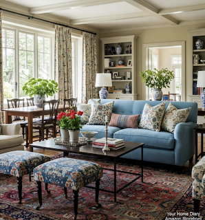 Traditional living room with a blue sofa, floral stools, coffee table, and large windows near a dining table