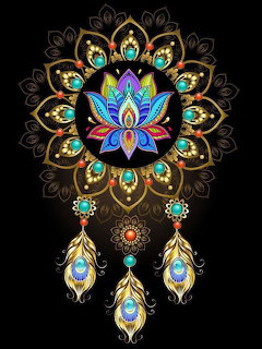 Ornate mandala dreamcatcher with lotus center, gold petals, turquoise accents, and feathered pendants on black