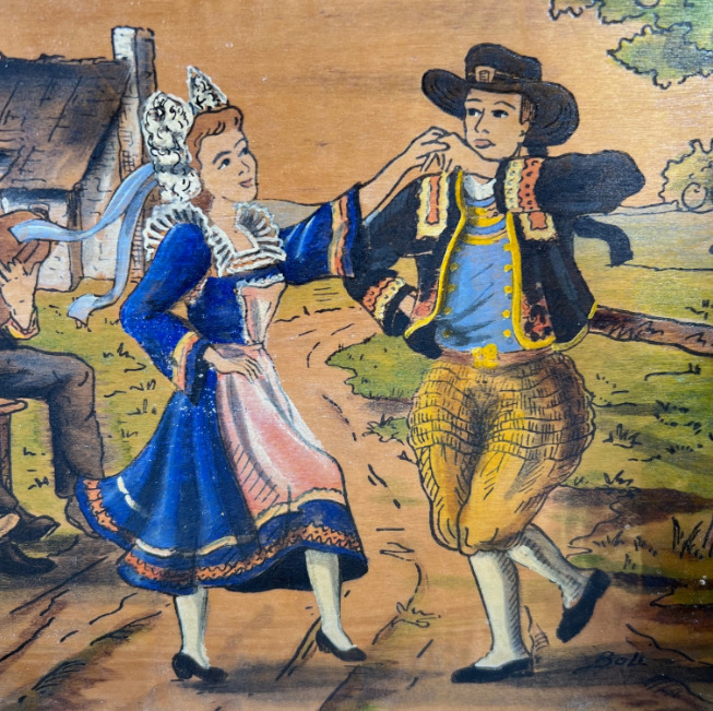 Painting of a Breton couple in traditional dress dancing outdoors near a cottage