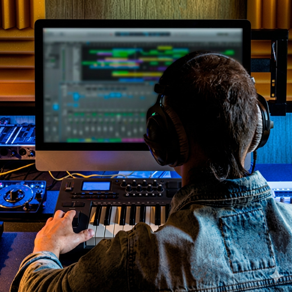 Person wearing headphones using music software at a computer with a MIDI keyboard in a studio