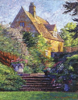 Impressionist painting of a golden stone cottage with thatched roof in a colorful English garden with stone steps