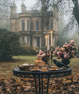 Tea table with flowers and candles in front of a misty old manor house