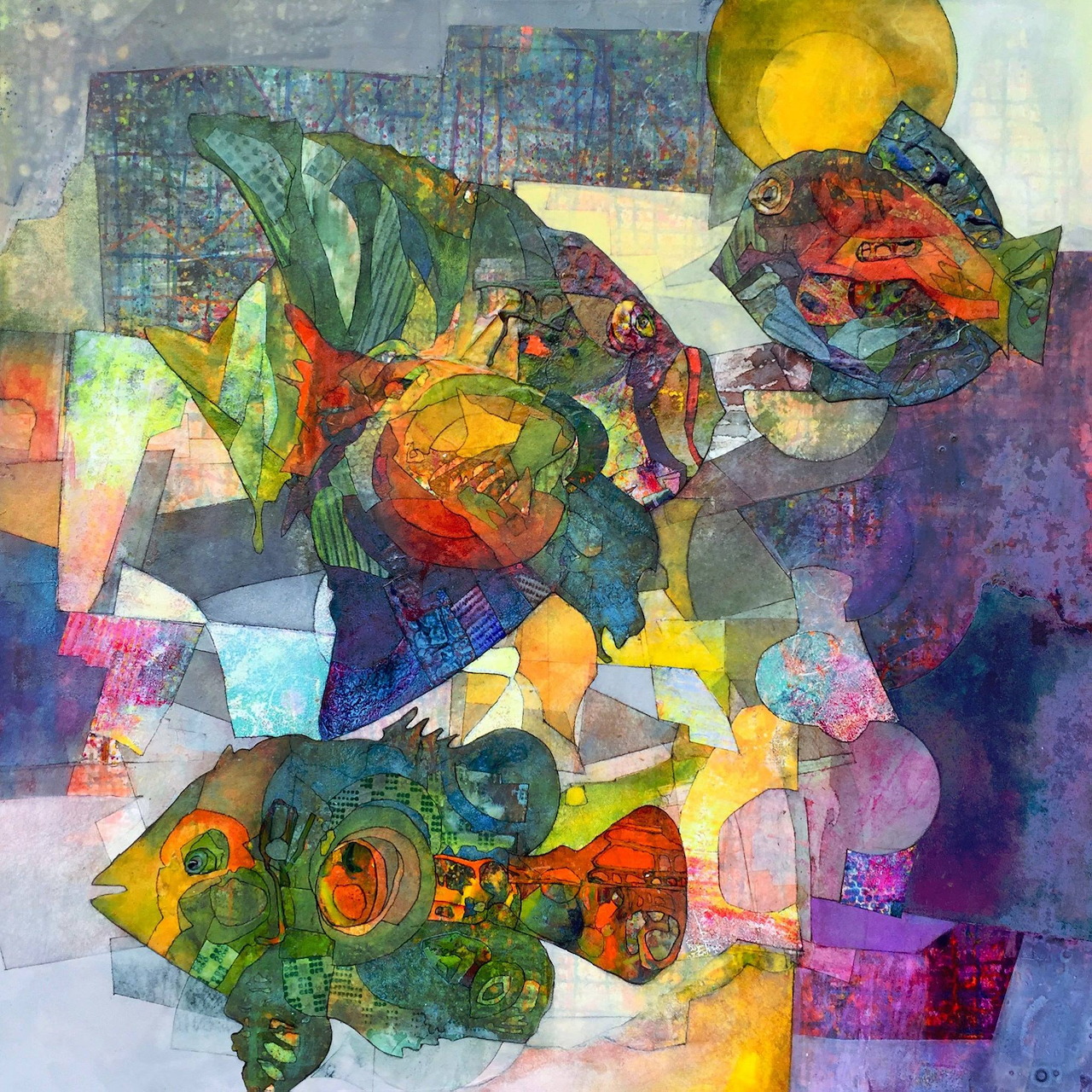Abstract collage with colorful geometric shapes, fish imagery, and layered textures in yellow, green, orange, and purple tones