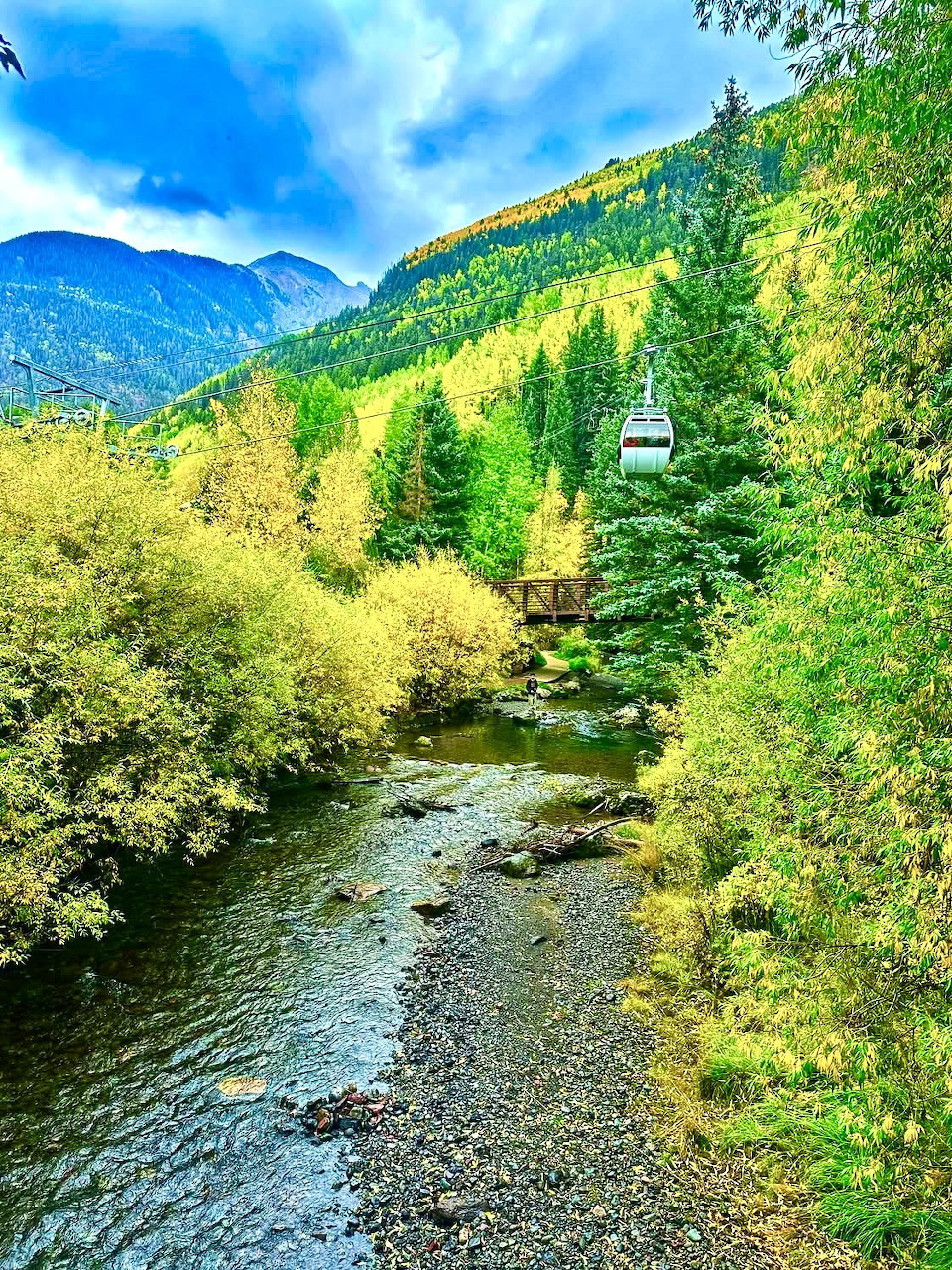 Stream flowing through colorful autumn forest with golden aspens and mountains in Telluride Colorado