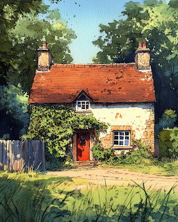 Quaint stone cottage with red tile roof and door, nestled in green garden with trees