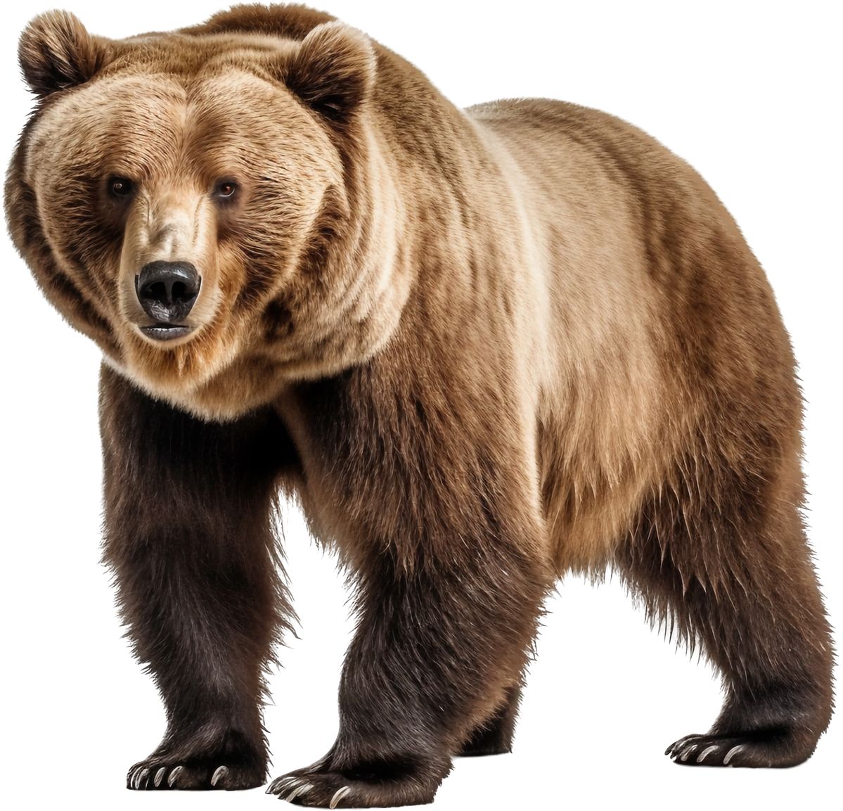 Full-body brown bear standing on a white background