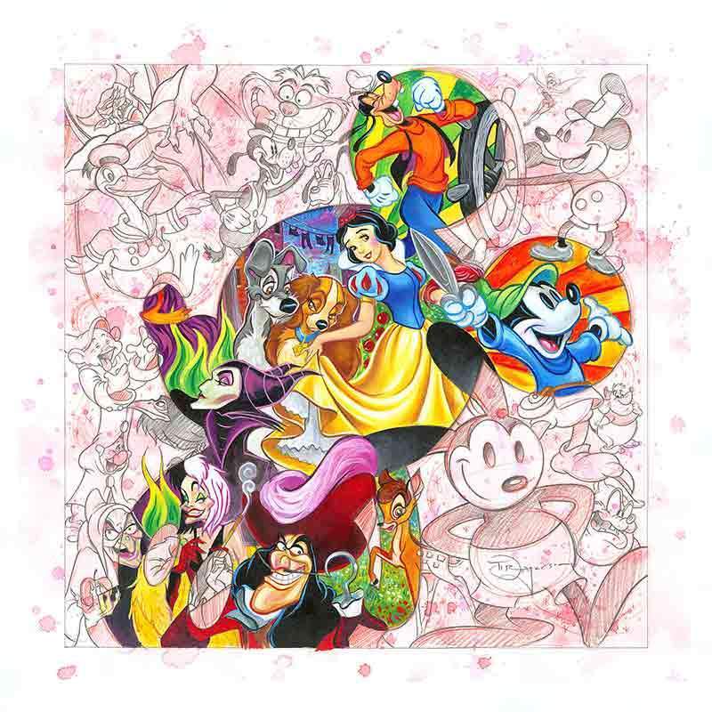 Colorful Disney character collage with Snow White and other classic cartoon characters
