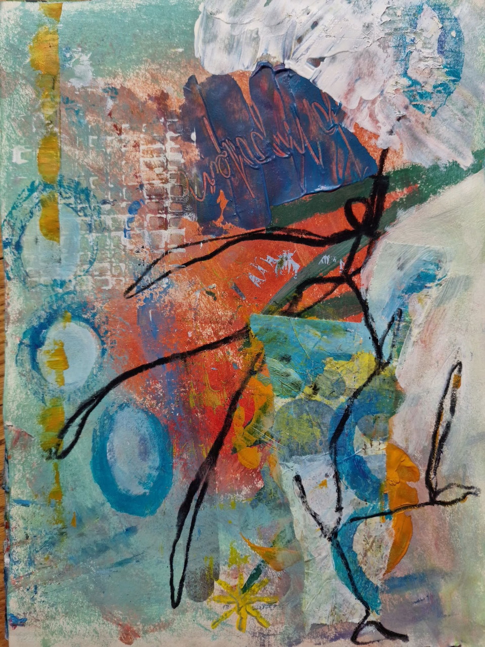 Abstract mixed media painting with colorful layers, gestural black line figures, and textured brushwork