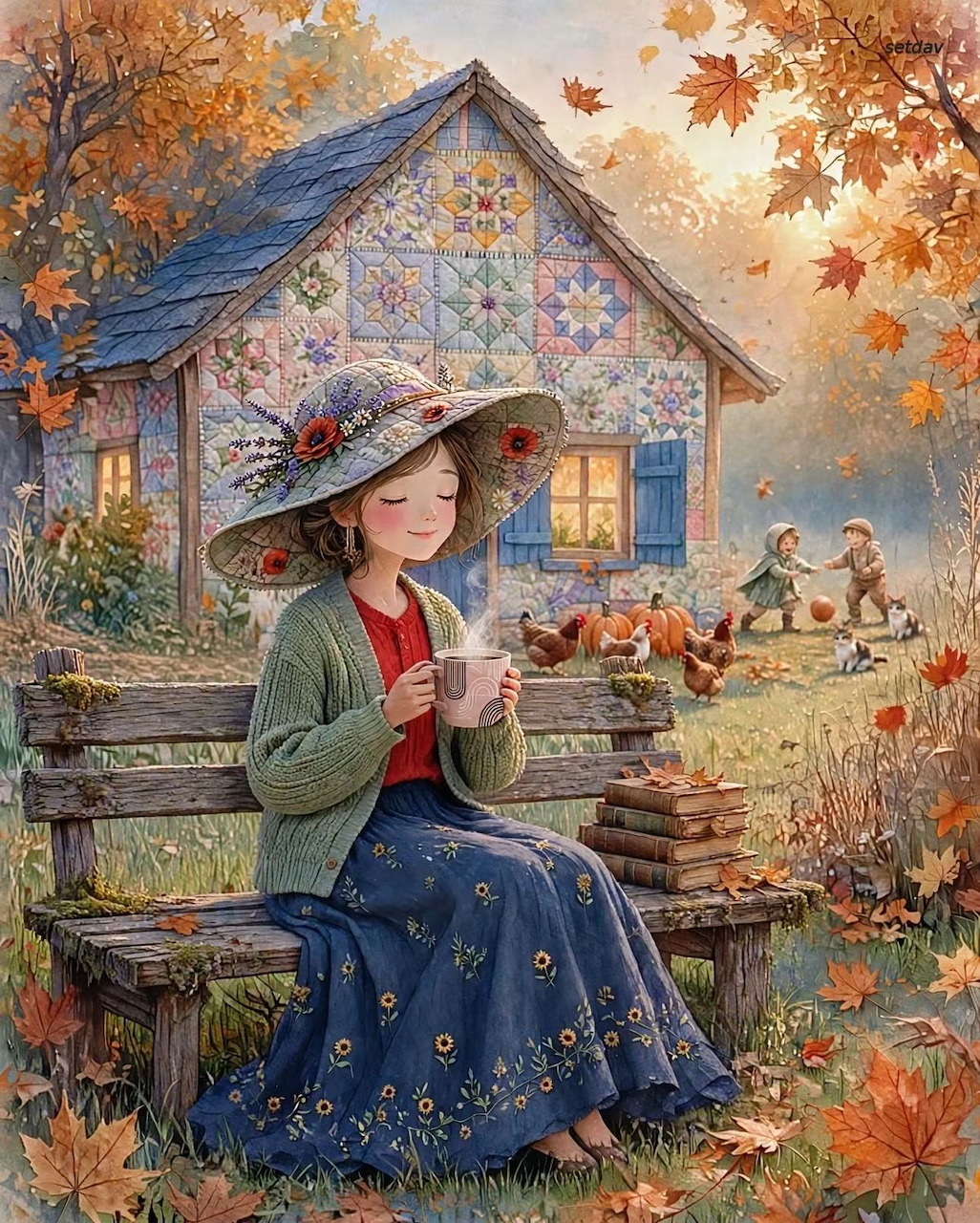 Woman in a floral hat holding a warm drink beside an ornate cottage in a colorful autumn garden.