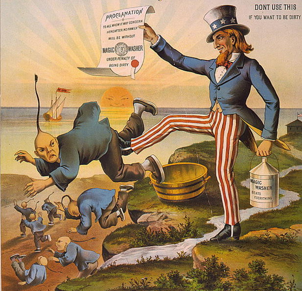 Political cartoon of Uncle Sam kicking a Chinese man away as workers kneel in the foreground