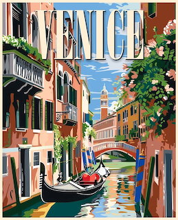 Vintage poster showing Venice canal with gondola, colorful buildings, and campanile bell tower