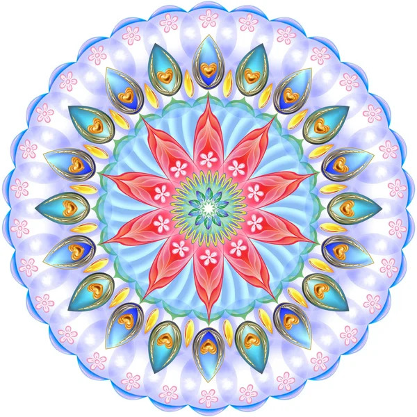 Colorful circular mandala with pink petals and blue peacock feather shapes