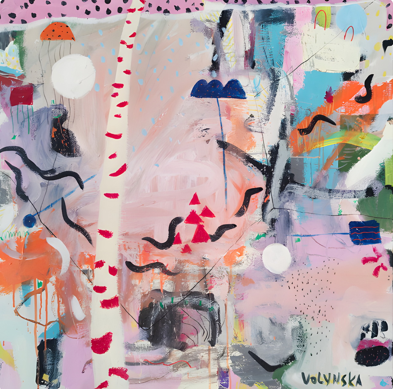 Abstract painting with colorful shapes, dots, and brushstrokes on pale pink background by Natalya Volynska