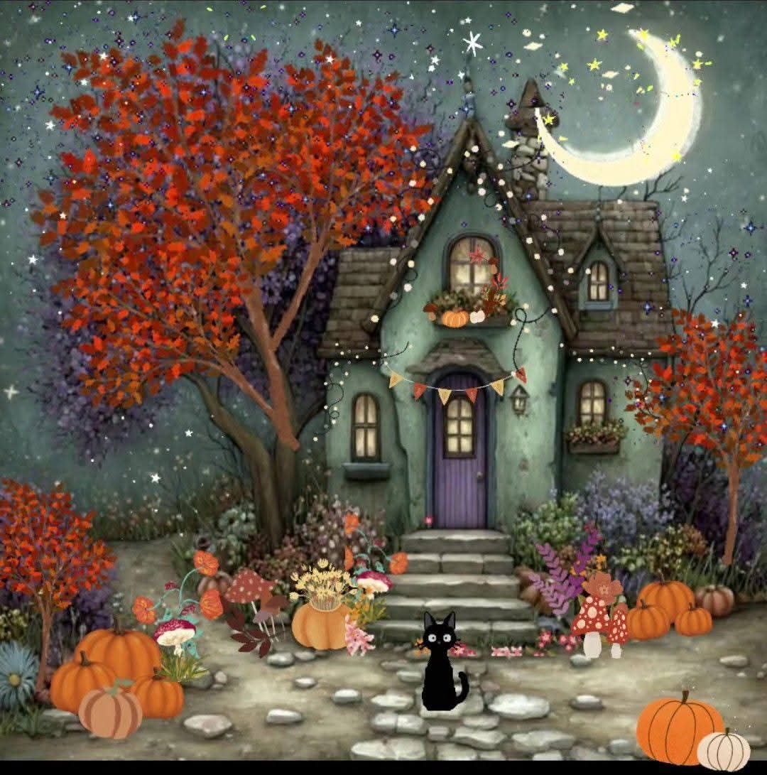 Halloween cottage with pumpkins, black cat, autumn tree and crescent moon in starry night