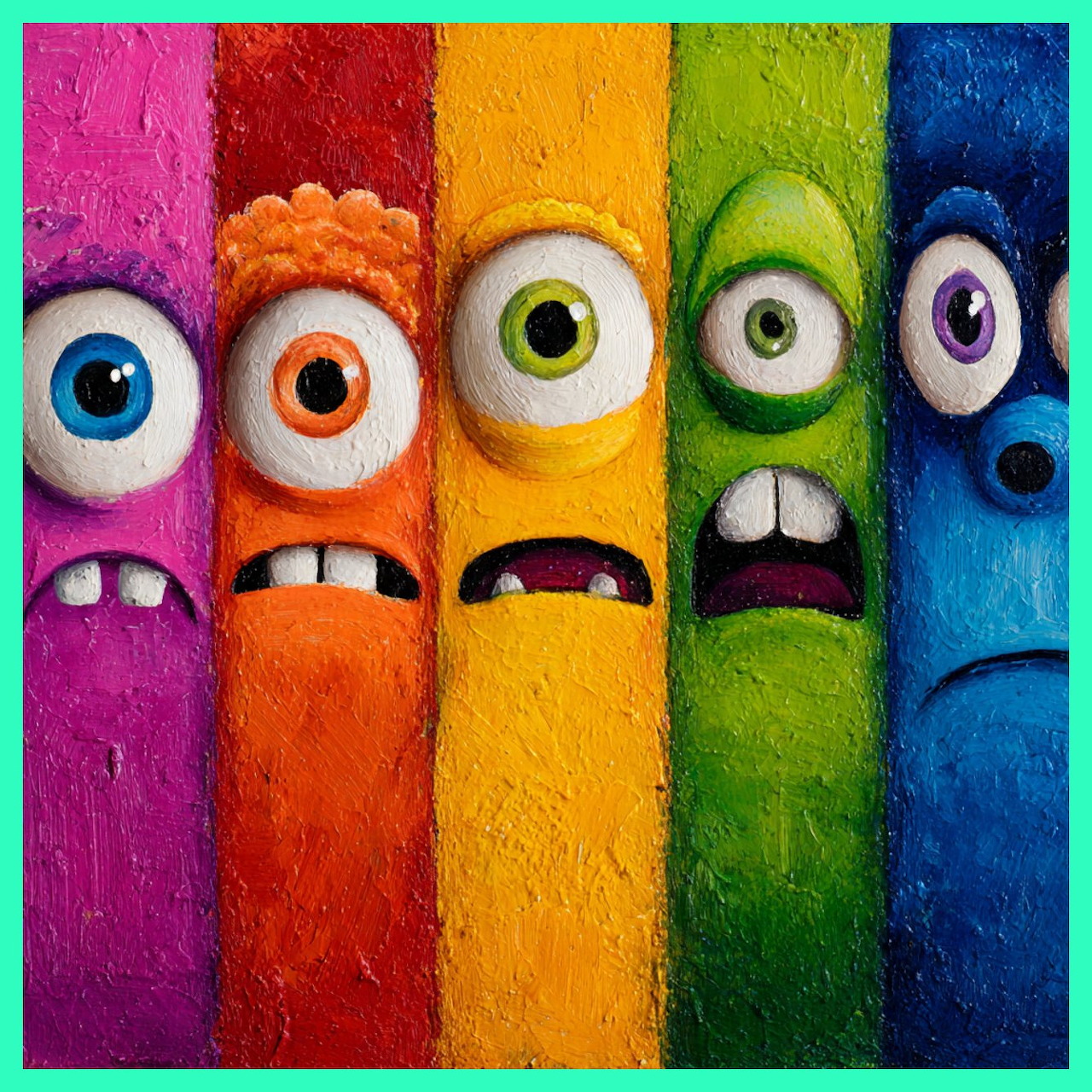 Five colorful furry monsters with big eyes arranged in vertical rainbow stripes