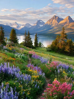Wildflower meadow with lupines leading to a mountain lake surrounded by snow-capped peaks at sunset