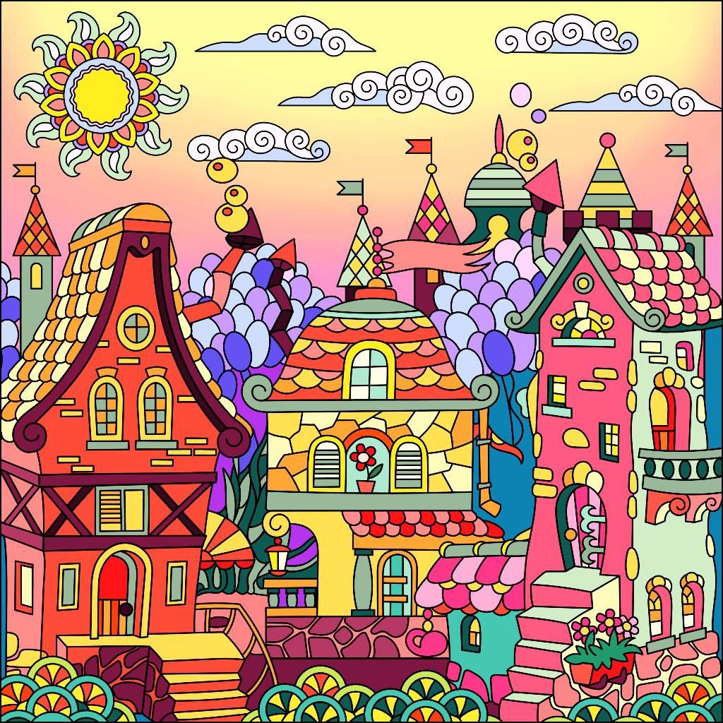 Colorful fantasy village with whimsical houses, flowering trees, and decorative sun in pink sky