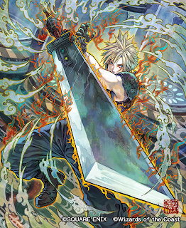 Anime illustration of a massive sword with blonde warrior and swirling magical effects in blue, orange and gold tones