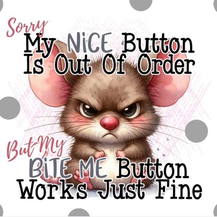 Angry cartoon mouse with pink ears and red nose on polka dot background with humorous text overlay