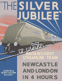 Vintage poster of the Silver Jubilee streamlined train with blue rays and route text