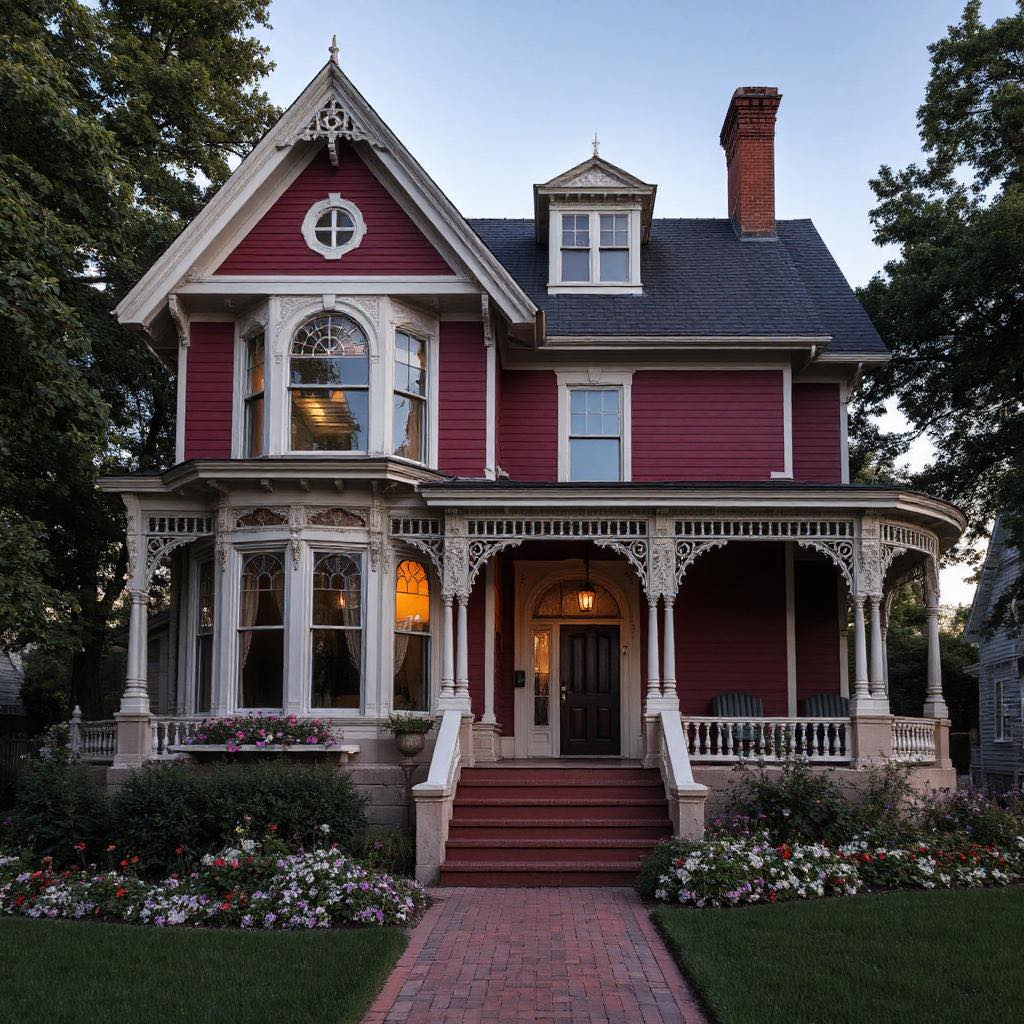 Pink Victorian house with white decorative trim and porch at dusk with glowing interior lights