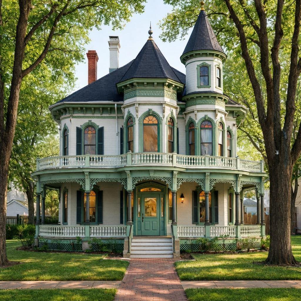 Grand Victorian mansion with turrets and ornate architectural details surrounded by trees