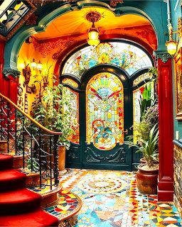 Colorful mansion entryway with stained glass door, chandelier, curved staircase, and mosaic floor
