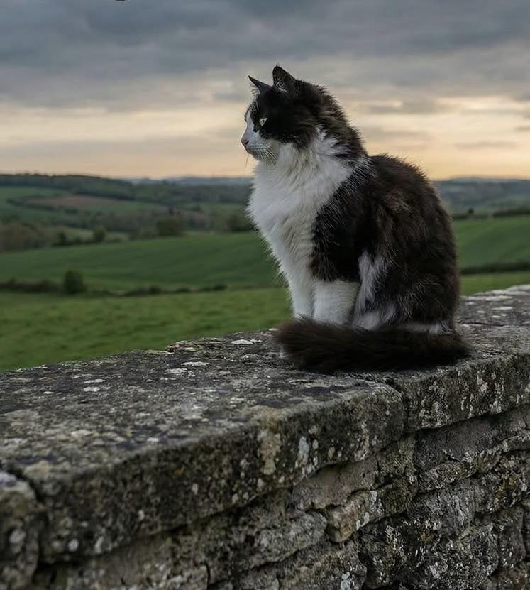Black and white cat sitting on a stone wall looking over green countryside with cloudy sky