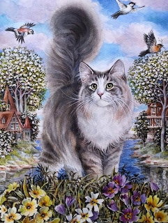 Painting of a fluffy gray tabby cat among flowers beside a stream with birds and cottages behind