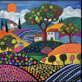 Colorful folk art landscape with dotted apple trees, patterned fields, small white houses, and rolling hills under blue sky