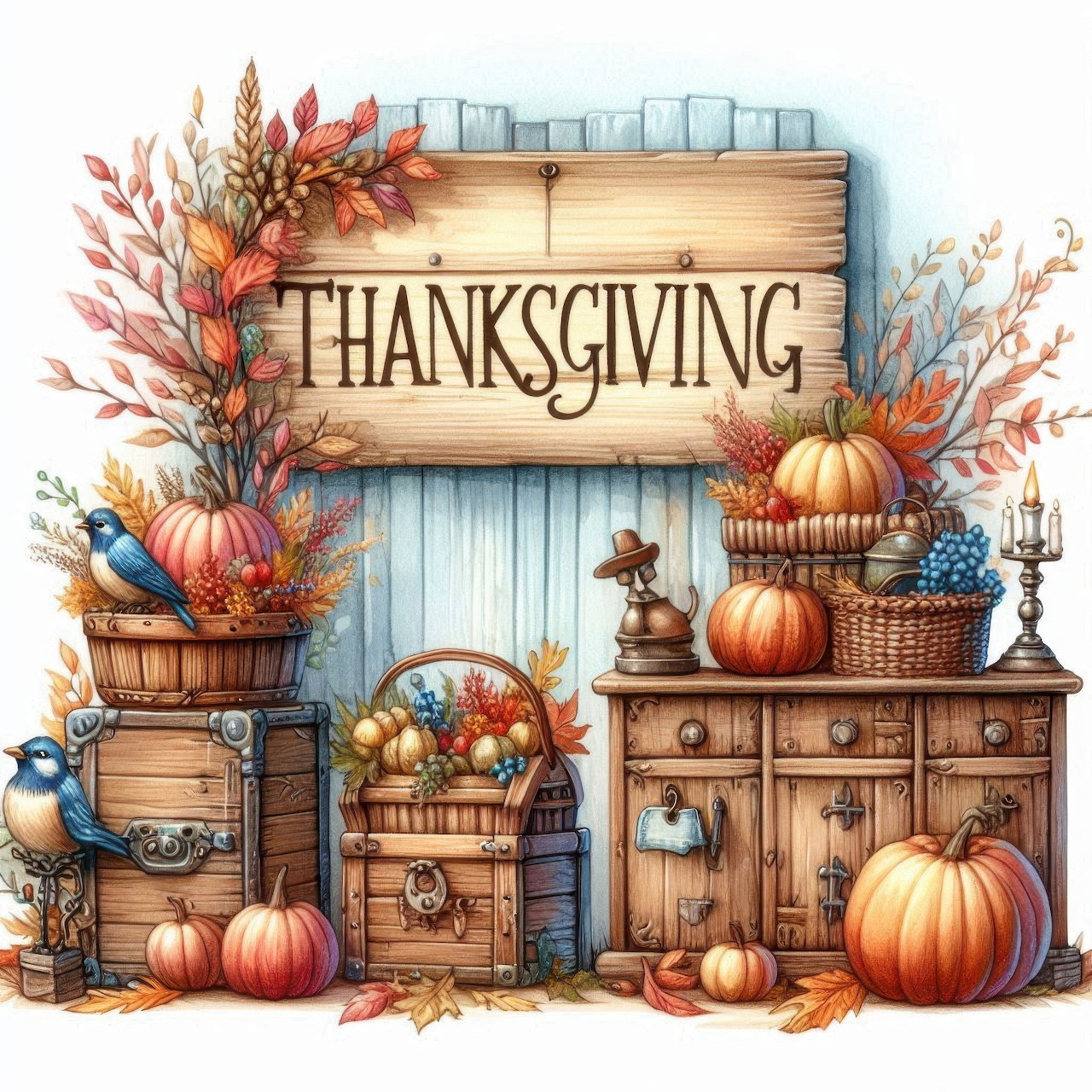Rustic Thanksgiving scene with wooden sign, pumpkins, fall flowers and vintage furniture