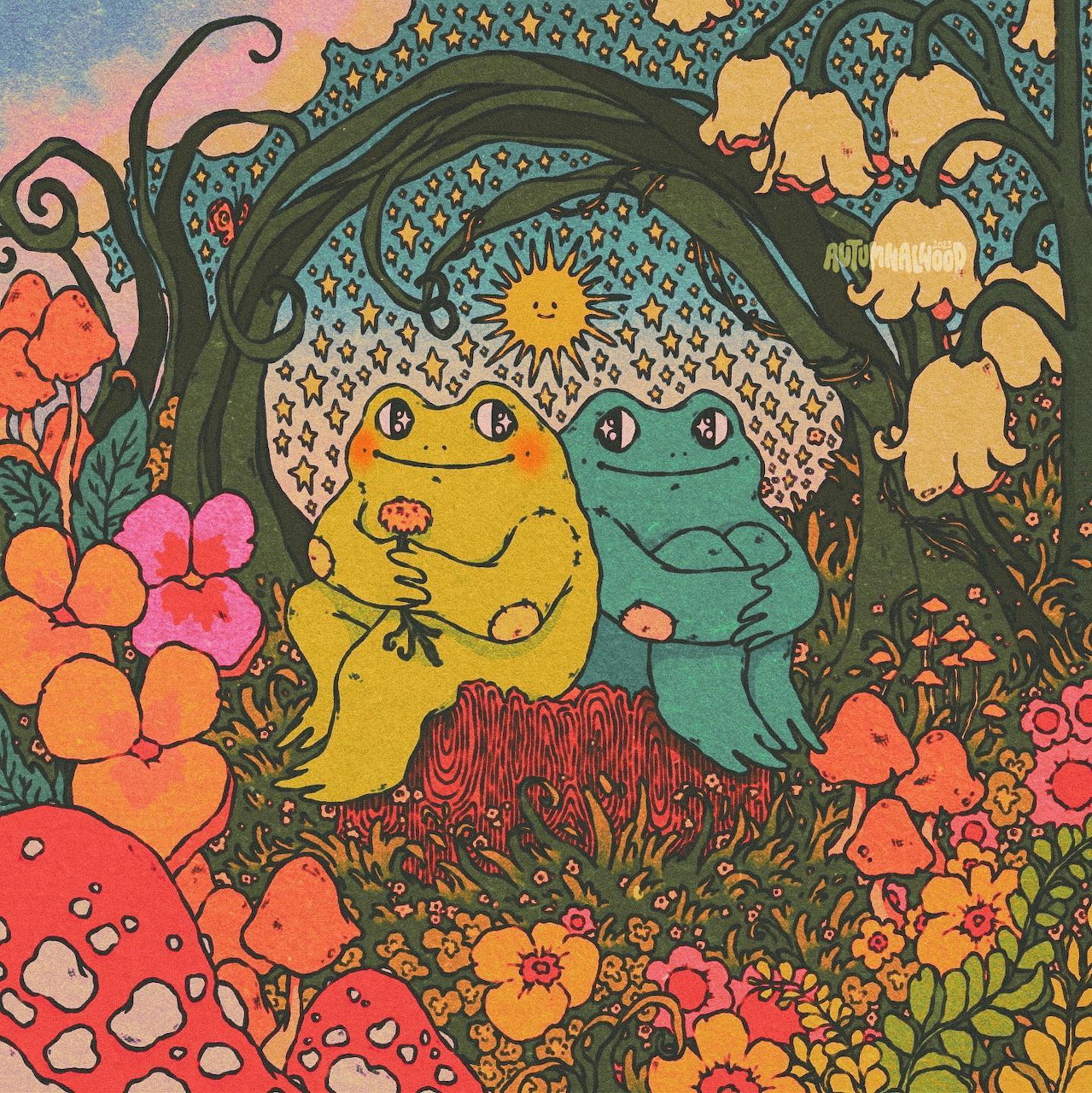 Two stylized frogs, one yellow and one teal, sitting under an ornate floral arch with colorful flowers and mushrooms