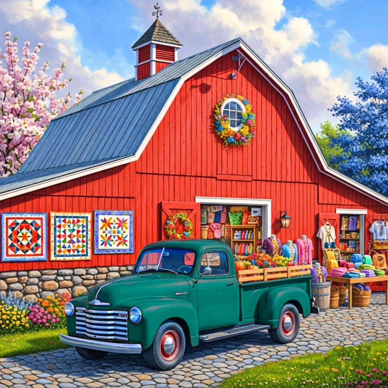 Turquoise vintage Chevy pickup truck in front of red barn with colorful quilts displayed outside