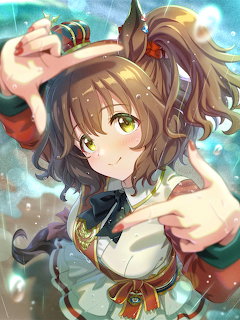 Anime girl with horse ears and brown hair smiling energetically in colorful outfit