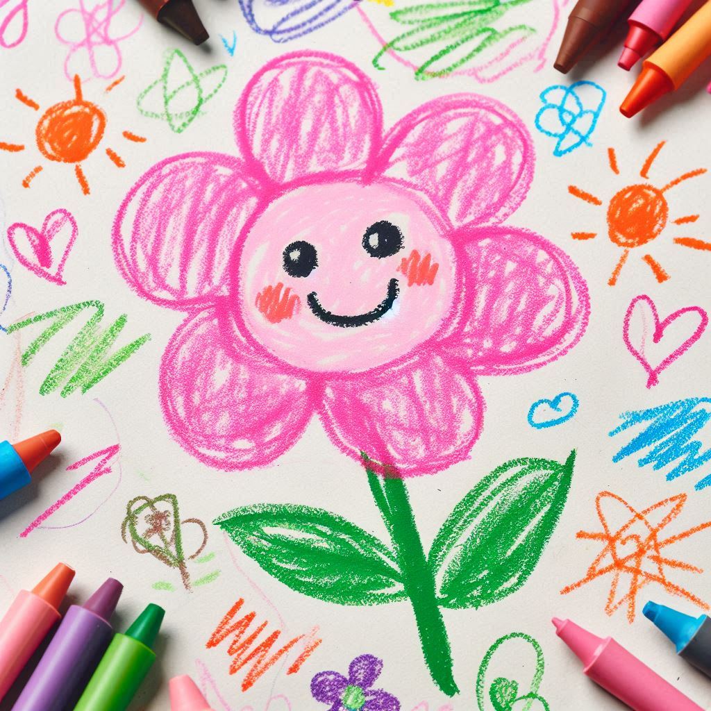 Childlike crayon drawing of a smiling pink flower with doodles and crayons around it