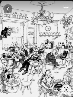 Black and white cartoon drawing of a crowded cafe with many humorous characters sitting at tables